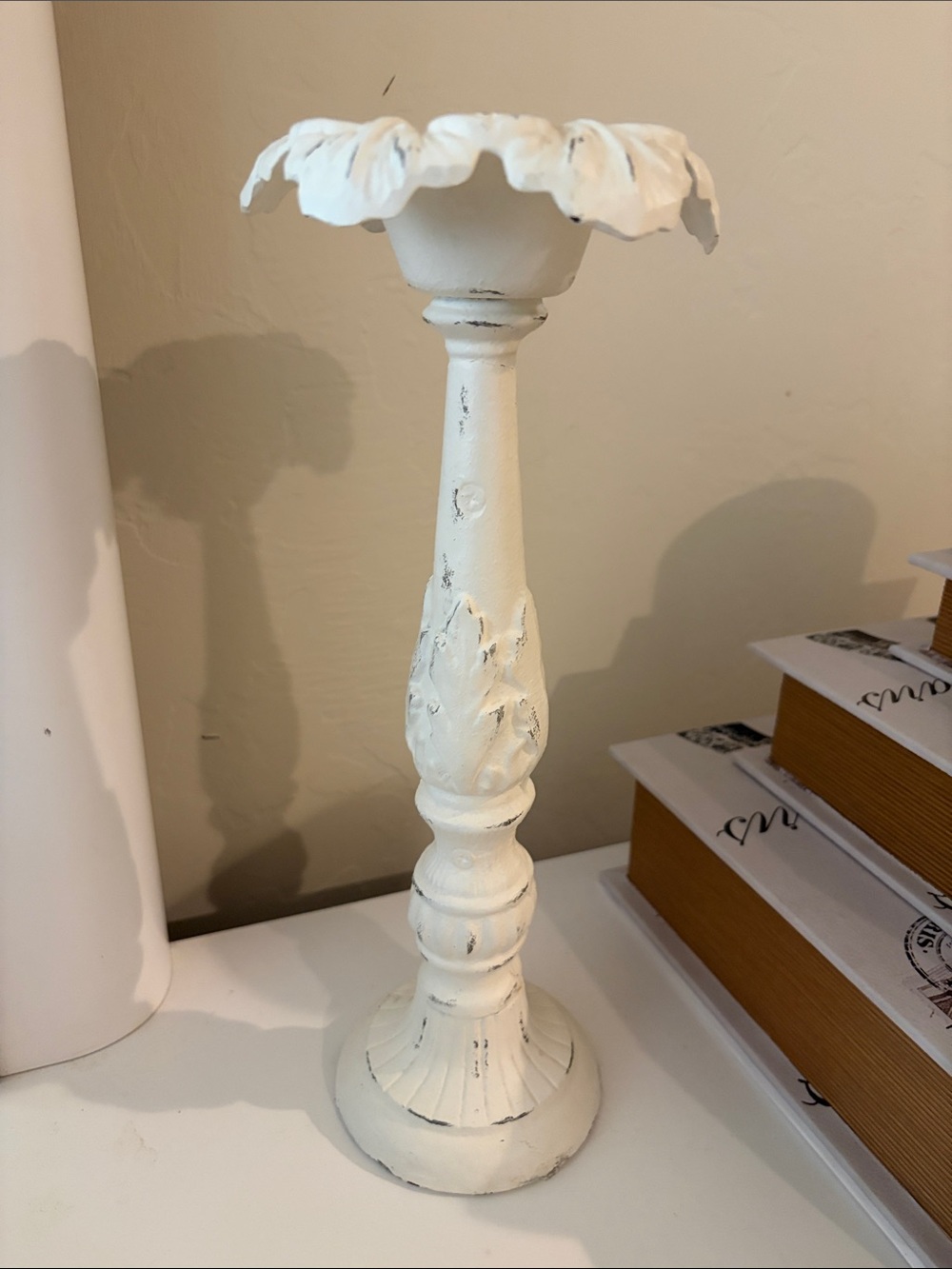 White Distressed Floral Metal Candle Holder Wrought Iron